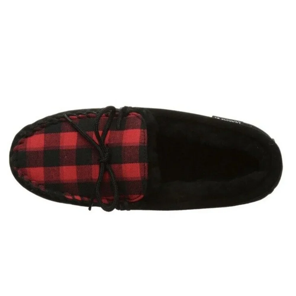 New BEARPAW Men Moc II Black Multi Red Plaid Slip On Slipper Shearling Lined 11‎